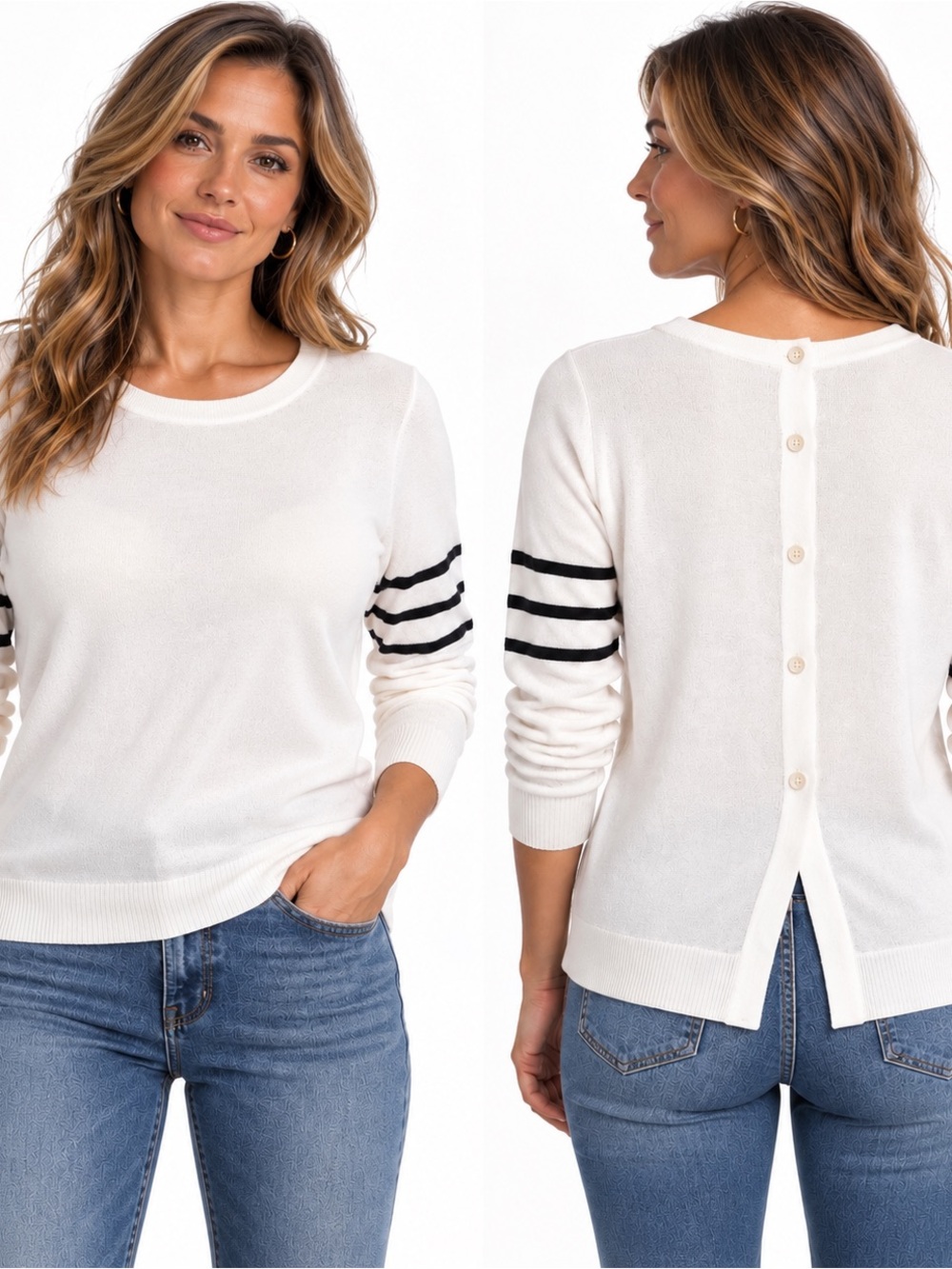 Armani Exchange Women’s White Crewneck Button-Back Sweater with Stripe Detail -
